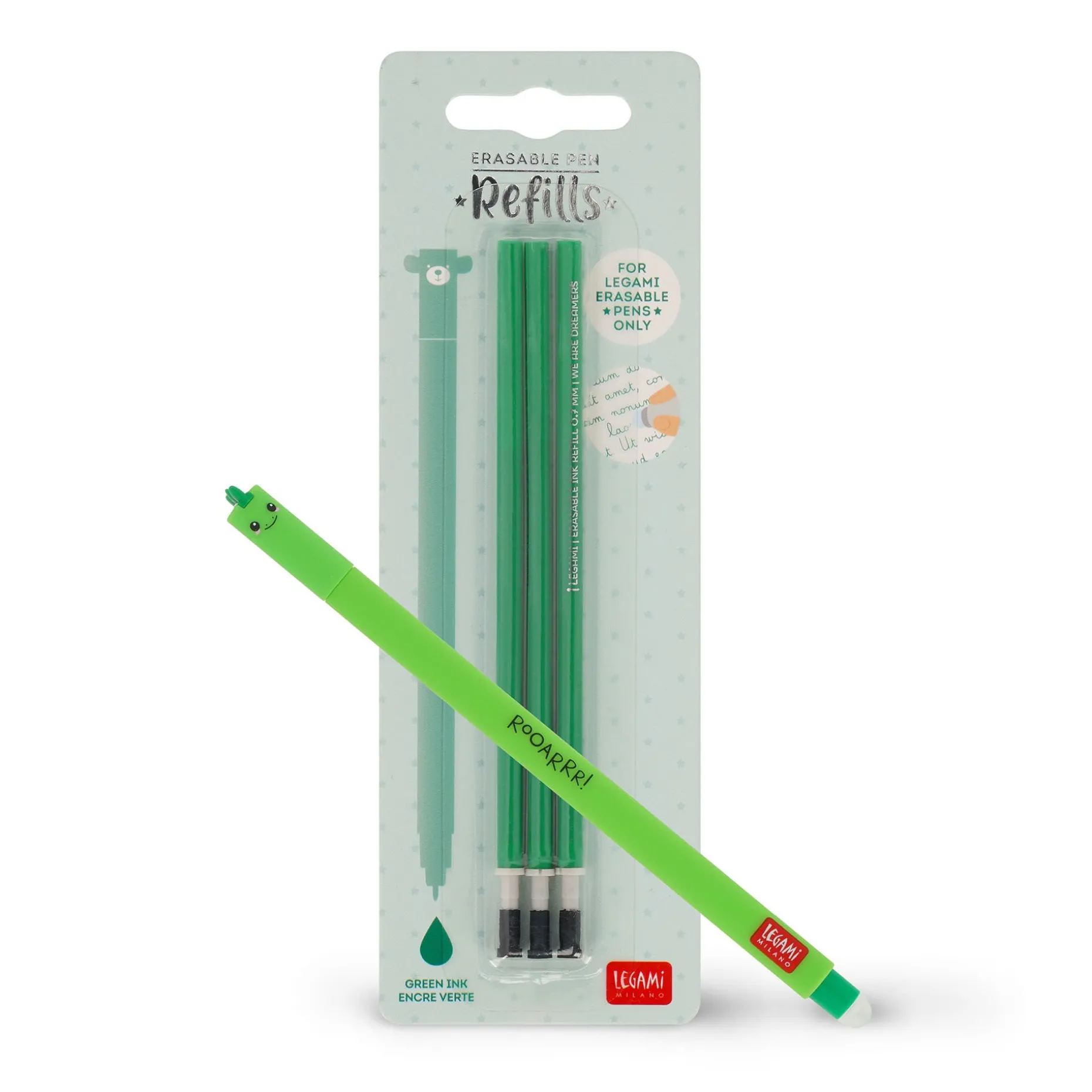 Set Stylo effaçable Dino et recharge verte