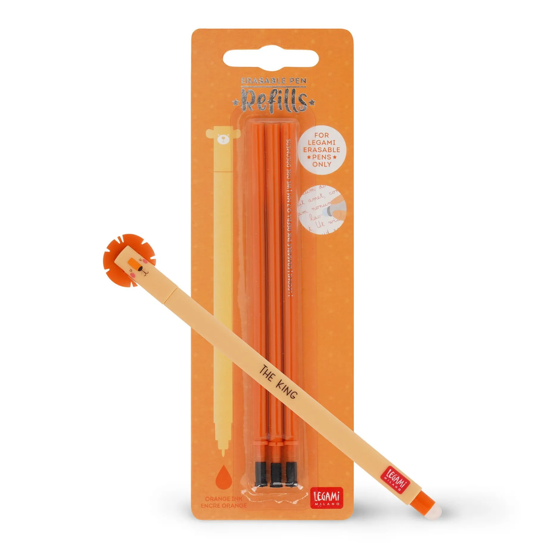 Set Stylo effaçable Lion et recharge orange