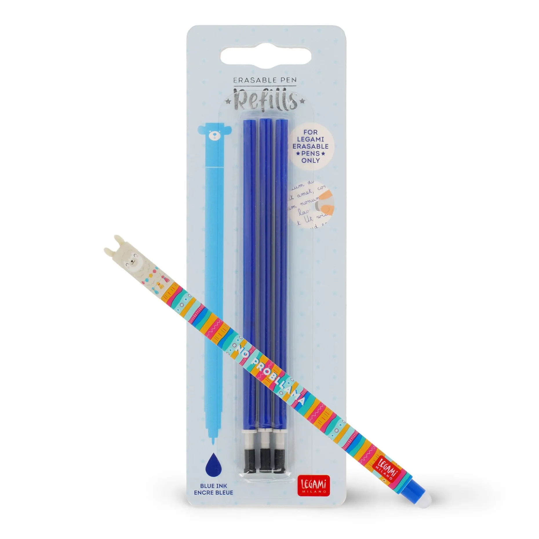 Set Stylo effaçable Llama et recharge bleue