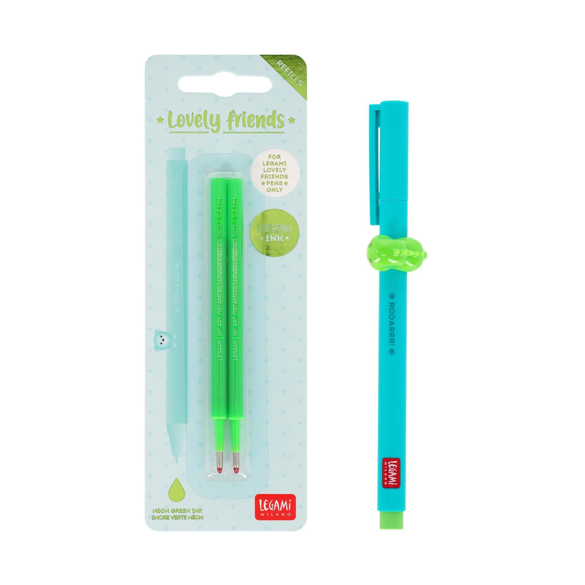 Set Stylo Lovely Dino et Recharge Vert Néon