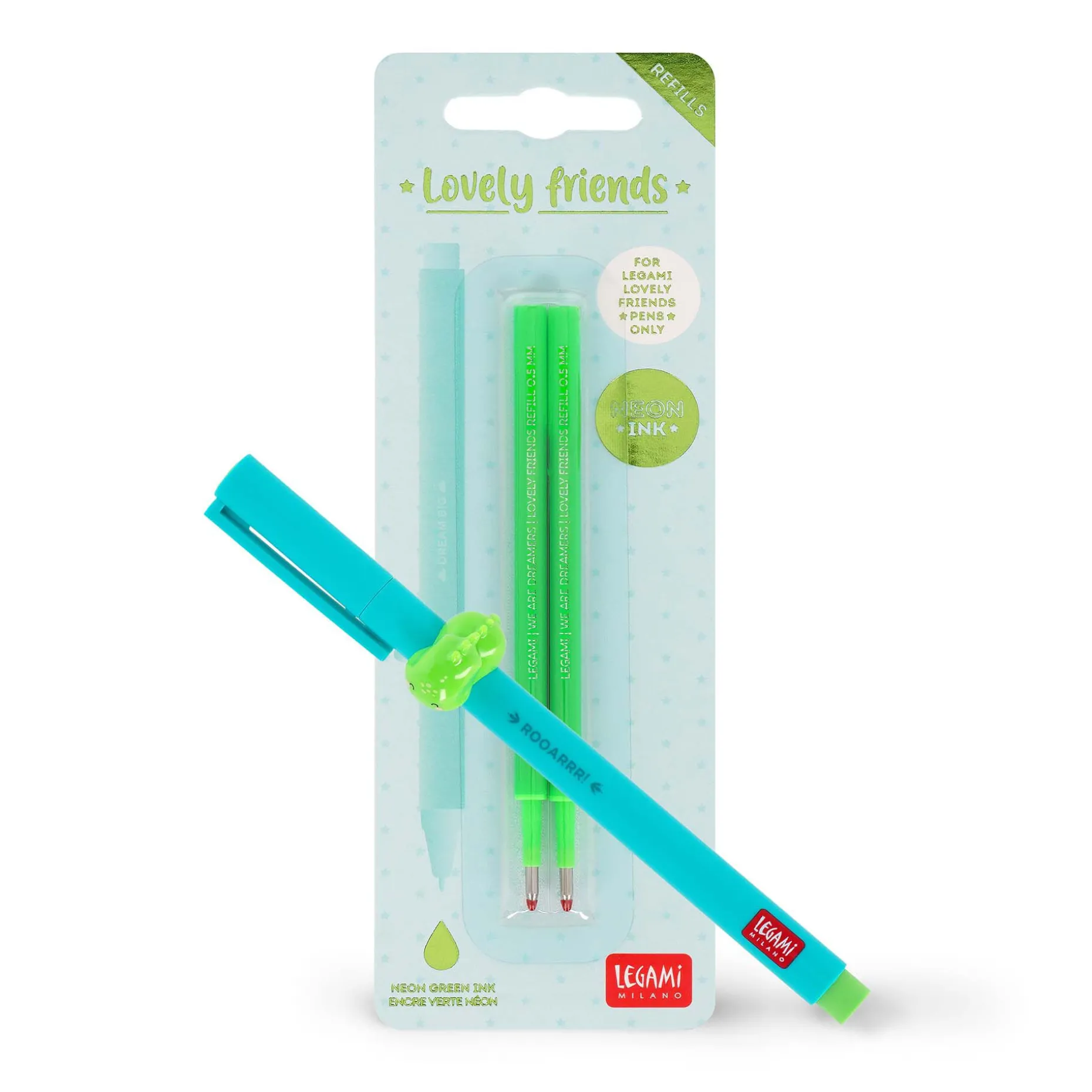 Set Stylo Lovely Dino et Recharge Vert Néon